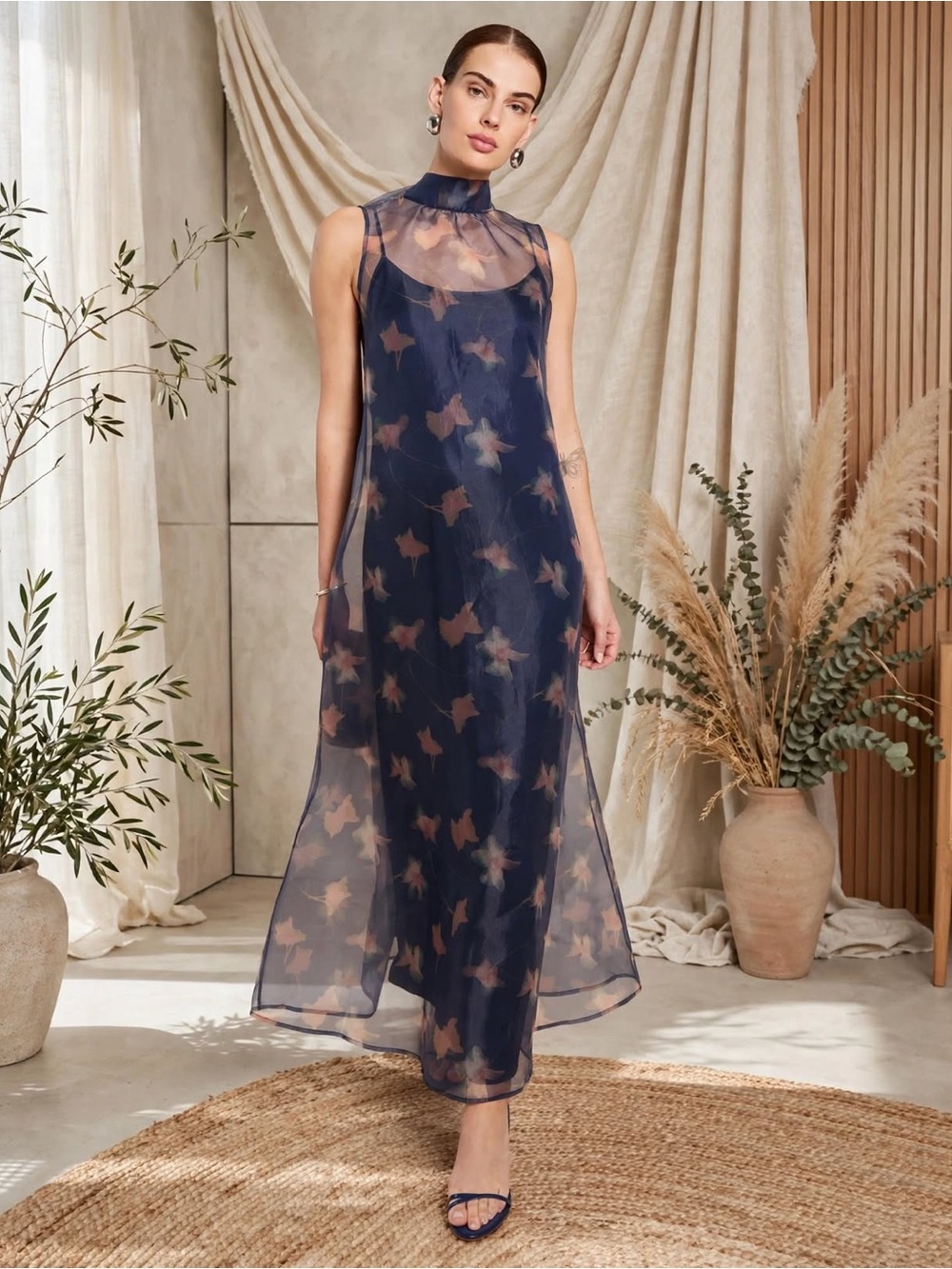Few Moda CAARA Alette Dress sheer halter with bow back floral Sz XS